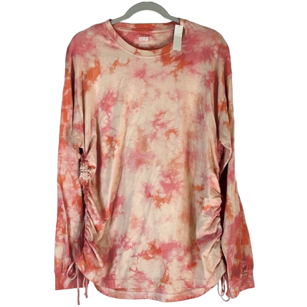 Victorias Secret PINK Campus Crew T Shirt Ruched Sides Long Sleeve Tie Dye